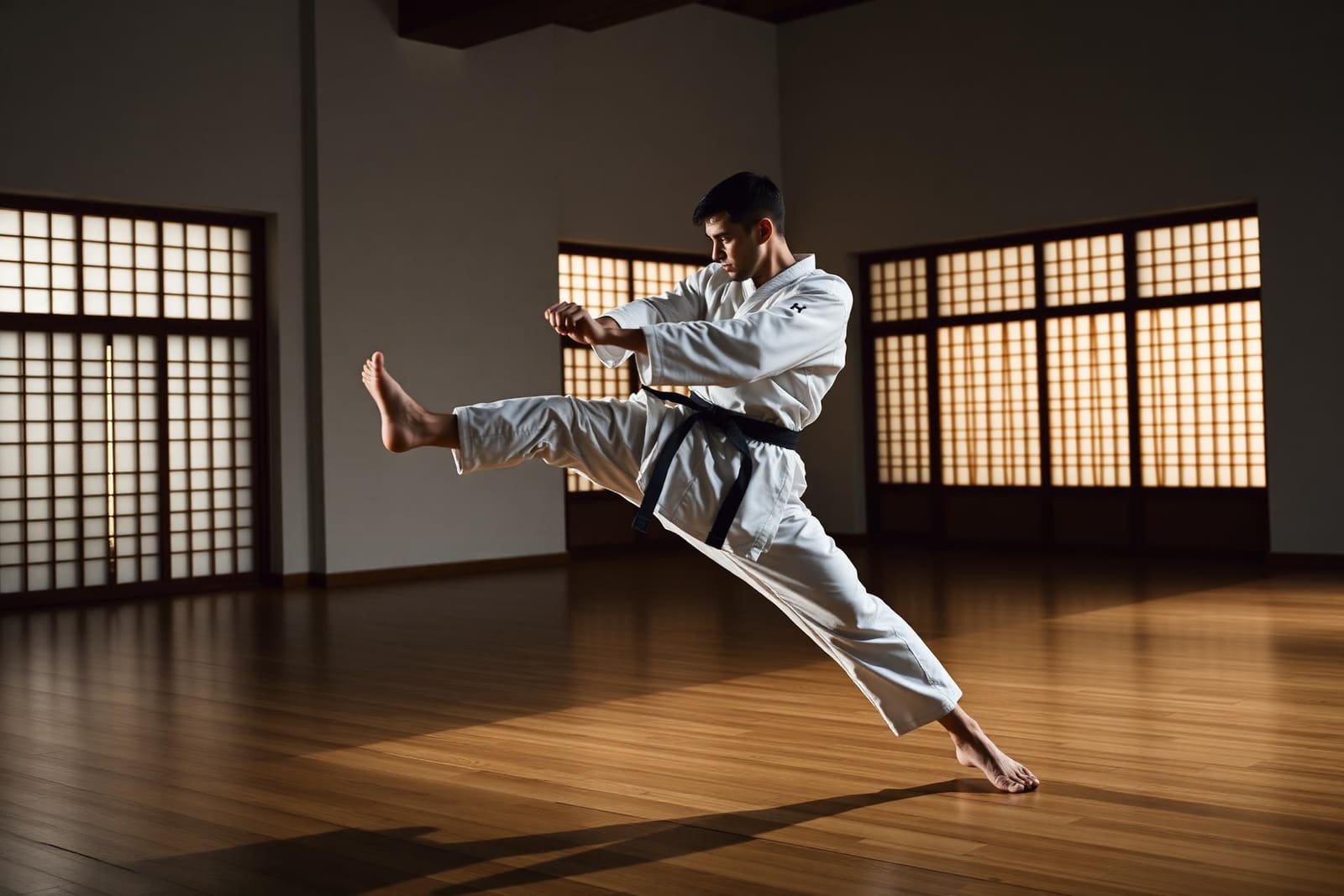Karateka training in a modern dojo